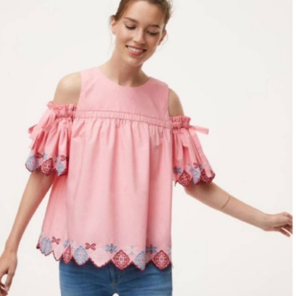 Ann Taylor LOFT Pink Cold Shoulder Embroidered Top
